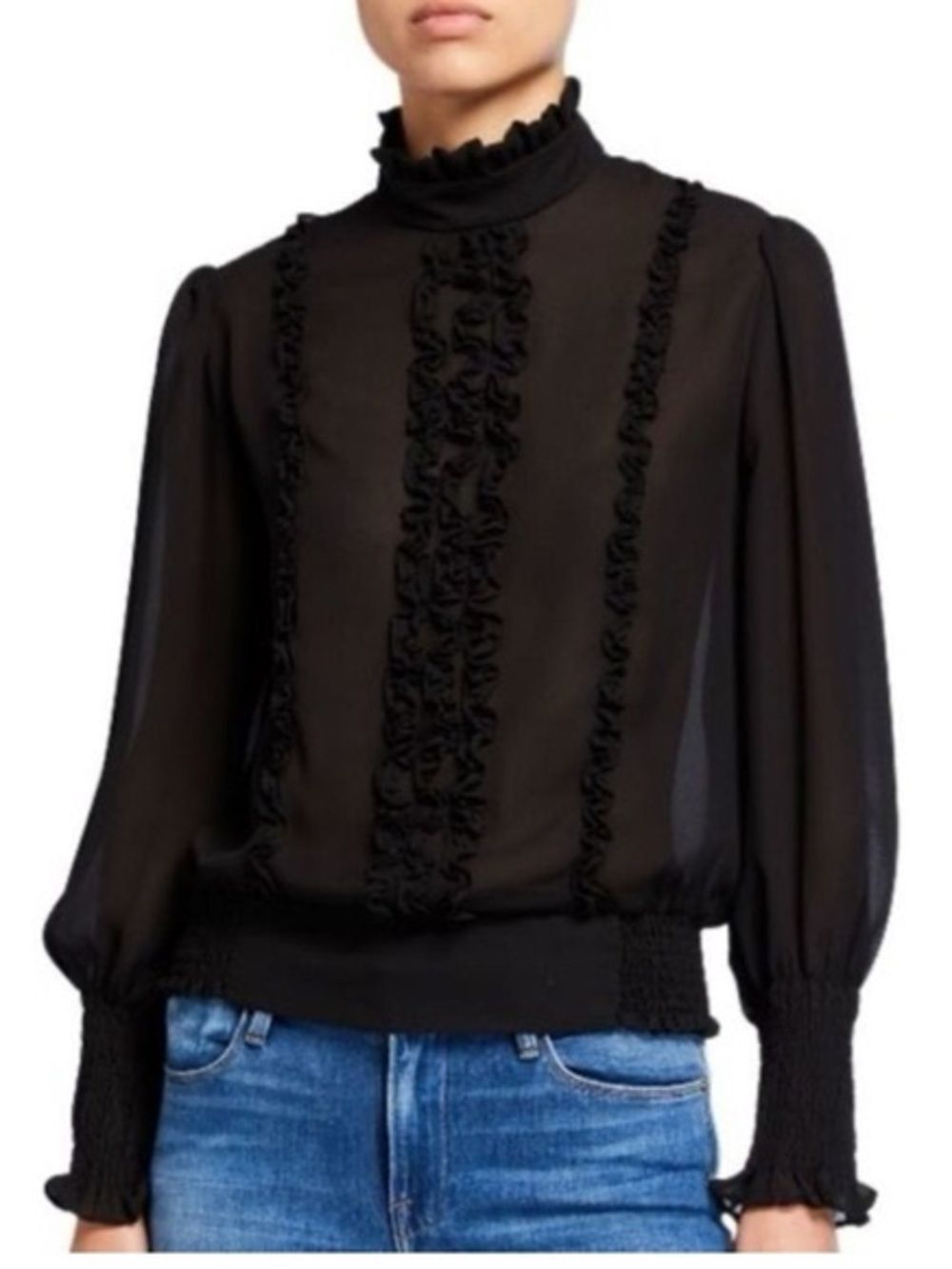 FRAME Smocked Ruffle Front Blouse in Black